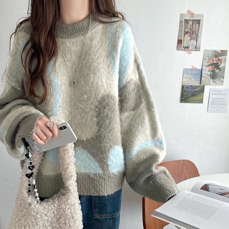 トップス ニット レディース ウェーブ 柄 ダブル ジャガード シャギー ニットプルオーバー 男女兼用 ユニセックス メンズ ゆるっと オーバーサイズ 大きいサイズ