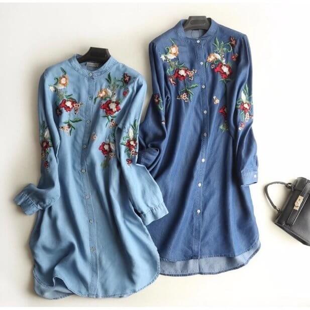 チュニック カーディガン ワインピース 刺繍 デニム 長袖 薄手 2WAY シャツ ブラウス トップス