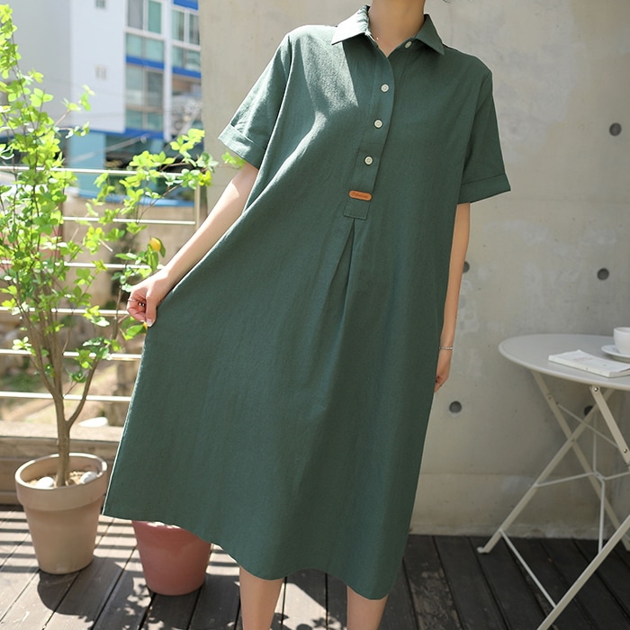 [韓国ファッション] 襟付きボタンリネンロングワンピース（半袖） 6,689円