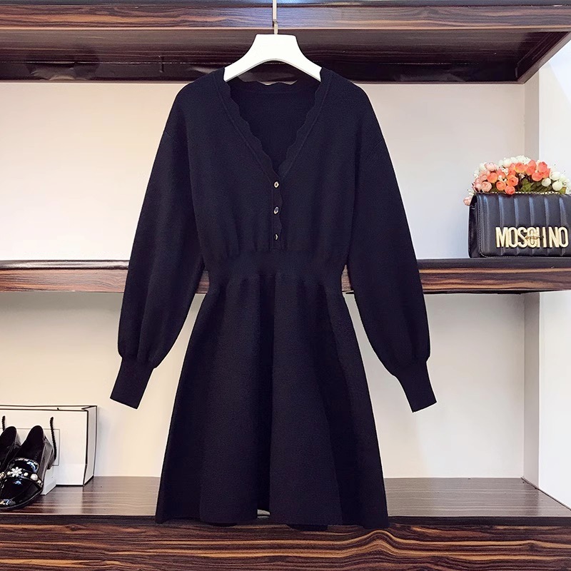 ワンピース フレアワンピース 膝丈 ひざ丈 袖あり 長袖 Vネック フレア ウエストマーク ハイウエスト ニット かわいい 大人可愛い シンプル 大人 上品 おしゃれ お洒落 かっこいい レトロ