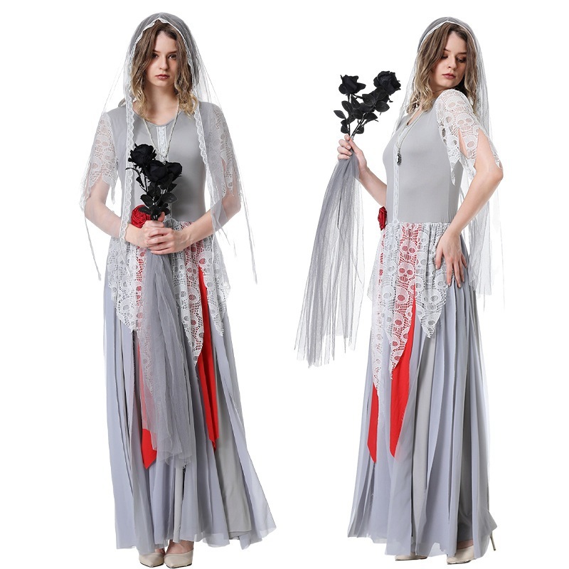 欧米系ハロウィンゴースト花嫁ドレス ベール付き スカルプリントドレス コスプレ 舞台衣装