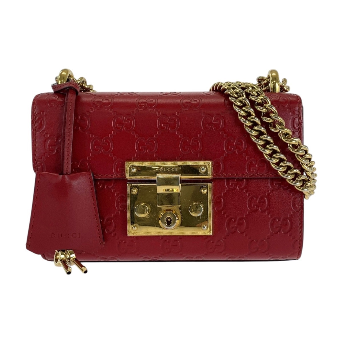 美品 グッチシマ パドロック レッド 赤 ゴールド金具 レザー 409487 ショルダーバッグ ポシェット レディース 501363