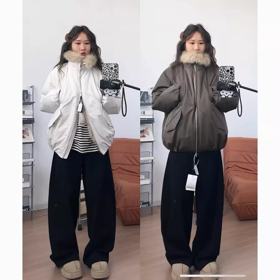 2025年冬 レトロ エコフレンドリー ファーパーカー パッチワーク フラワータフトカラー ダウンジャケット レディース 裾にギャザーフラワータフトデザイン