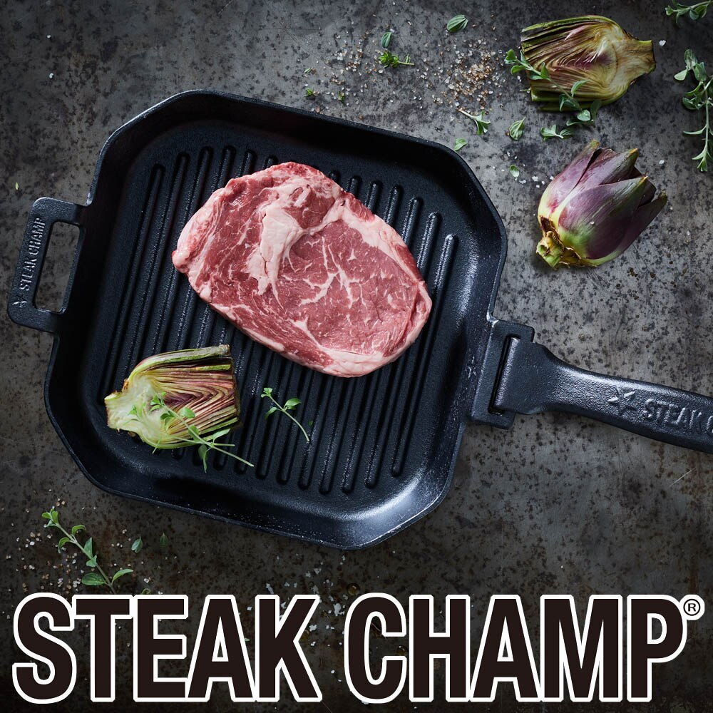 ステーキチャンプ Steak Champ グリルパン 26cm /IH対応 ガス火対応 オーブン対応 フライパン 鋳物 鉄製品 ヘルシー 油が落ちる 煙が出にくい BBQ アウトドア ステーキ用