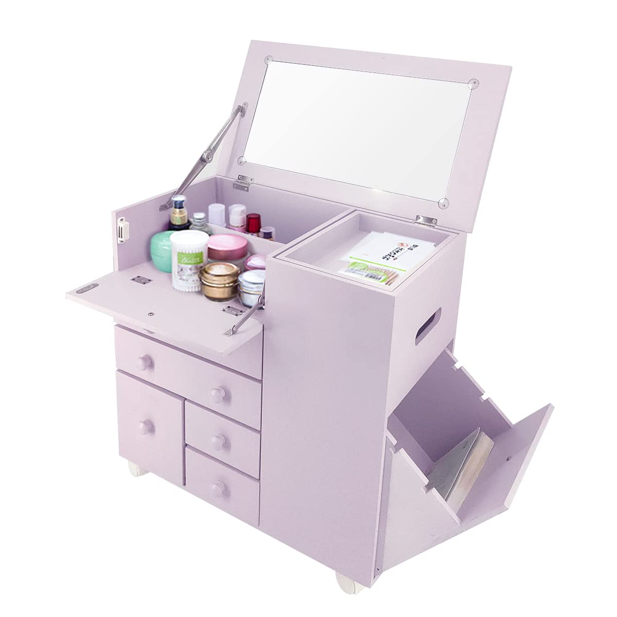ドレッサー 化粧台 キャスター付き 横幅50 cm 完成品 鏡台 コスメワゴン たっぷり収納力 1台2役 ロータイプ 引き出し 小物収納 鏡付き天板 化粧 おしゃれ 使いやすい 白/紫２色洗濯可能 (