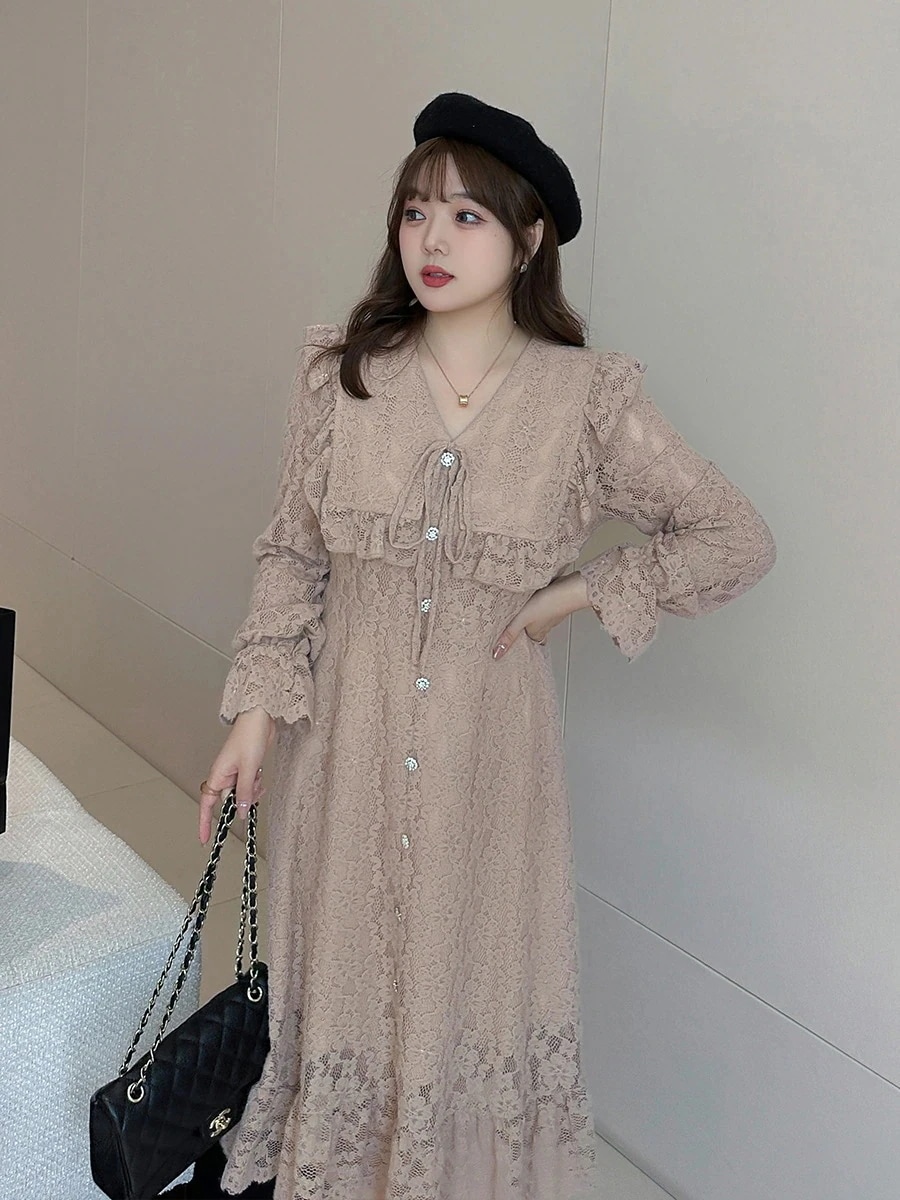 母の日K2140大サイズ女装大襟レースワンピース240斤の長い膝レースとベルベットワンピース