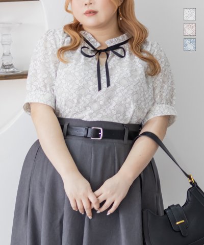 大きいサイズ レディース LL 3L 4L XL XXL XXXL CLETTEオリジナル配色レースリボンタイブラウス 5,009円