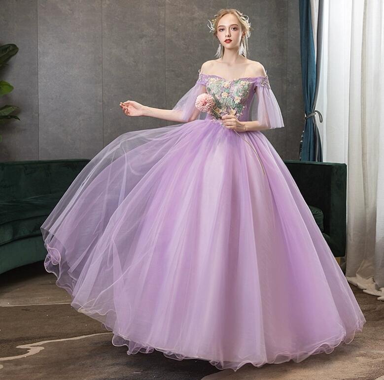 カラードレス カラーウエディングドレス ロング マキシ丈 ドレス レディース 大人 紫 ラベンダー オフショルダー パーティードレス 袖フリル 立体花 フラワー Ａライン チュール ボリューム ドレス