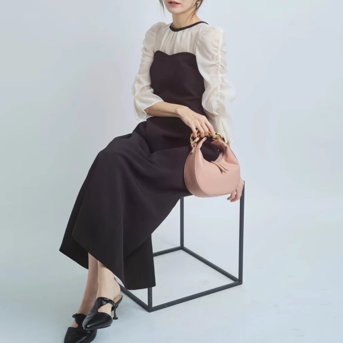 ドレス ワンピース ウェディング パーティー 結婚式 二次会 披露宴 演奏会 発表会 ステージ フォーマル 衣装 謝恩会 ラウンジ 膝下 ミモレ ロング マキシ アンクル丈 半袖 5分袖 ボリューム