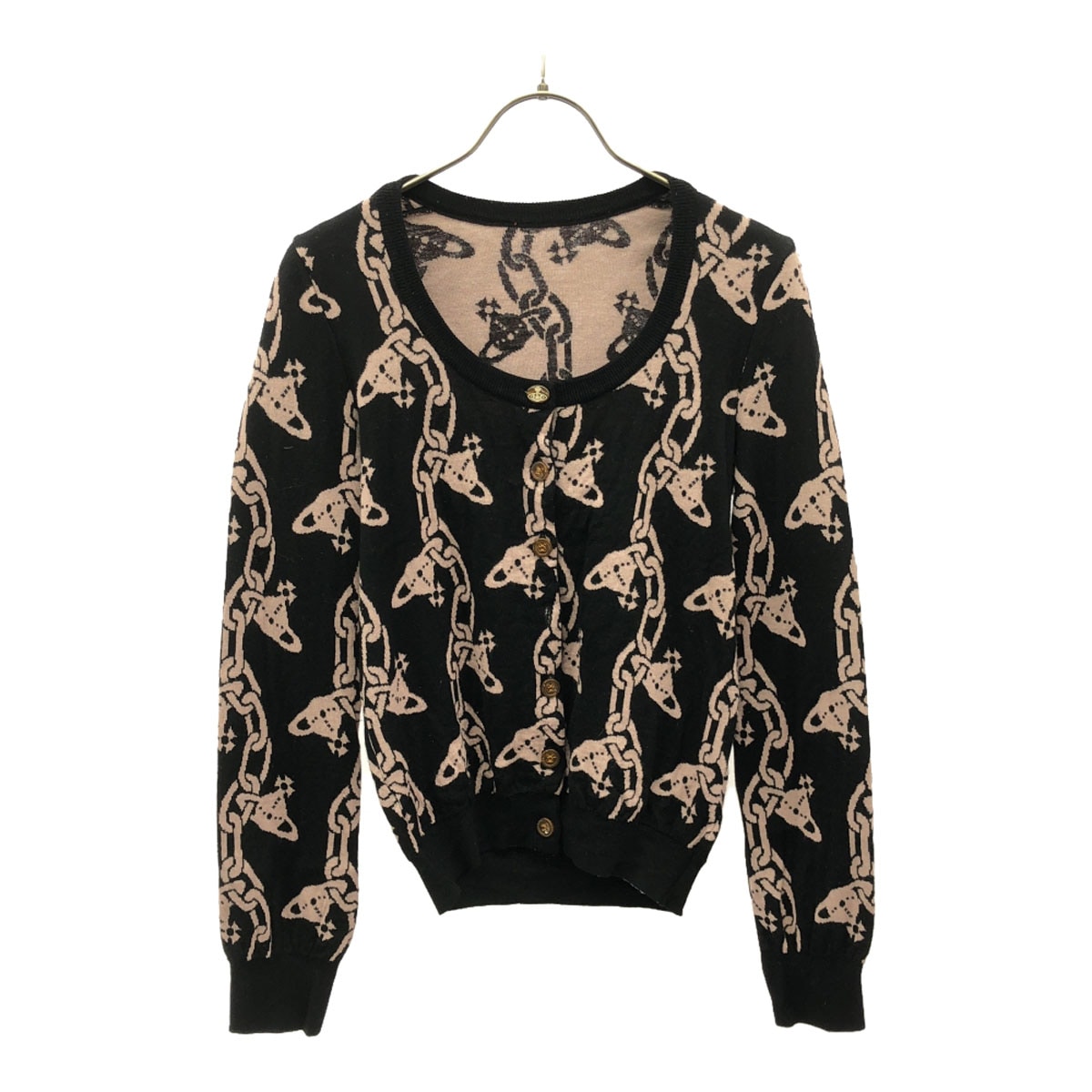 Vivienne Westwood Red Label ヴィヴィアンウエストウッド レッドレーベル 日本製 ウール100% 長袖 カーディガン M ブラック×ピンク レディース 古着