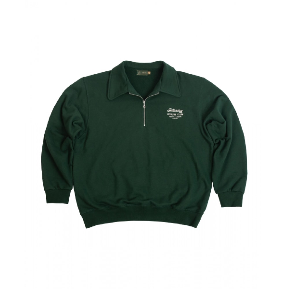 SATURNAY LEISURE CLUB サタデーレジャークラブロゴレジャーハーフジップアップスウェットシャツ（男女共用）-グリーン