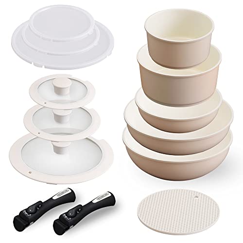 取っ手のとれる フライパン 鍋 13点セット IH/ガス火対応 セラミックカラーパン ベージュ CC-SE13N