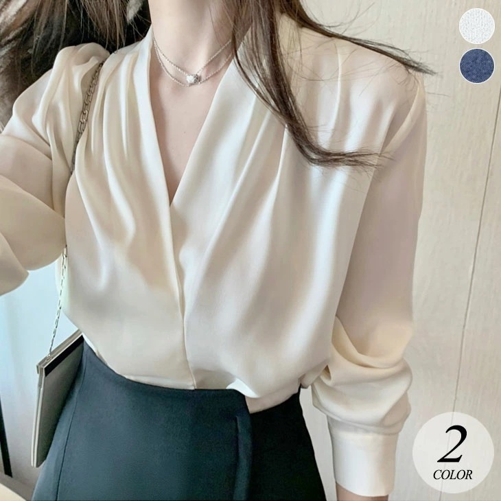 【2025新作 急速出荷】Vネック プルオーバー ギャザー ブラウス 長袖 トップス カシュクール 光沢 無地 ゆったり 大きめ 可愛い オケージョン セレモニー フェミニン きれいめ 春 秋 冬 レ