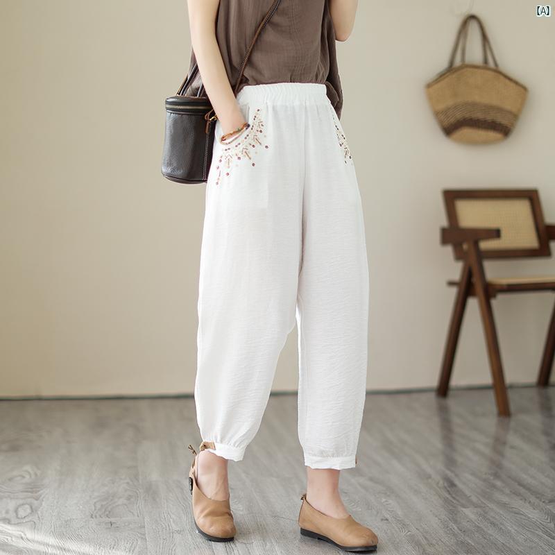 レディース　ファッション　　シンプル　オシャレ 中華風 ラミー パンツ 刺繍 カジュアル 薄手 九分丈 リネン ランタン ナチュラル ウエスト