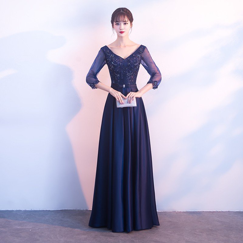 ロングドレス 演奏会 安い 青 ネイビー カラードレス 安い コンサート 結婚式 二次会 フォーマルドレス 長袖 イブニングドレス サッシュリボン 9,487円