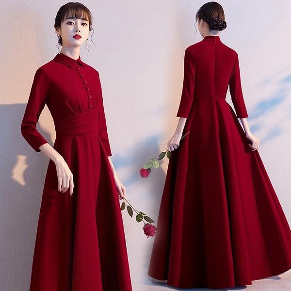 ドレス ロング丈 パーティードレス 演奏会 袖あり 大人 結婚式ワンピース 大きいサイズ おしゃれ 二次会 母親 ワインレッド