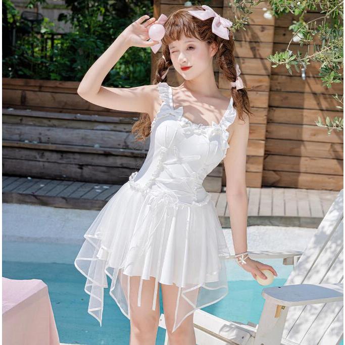 レディース水着 ワンピース ロリータ風 水着 可愛い　キャミソールドレス プリンセス風 水着 可愛い ホワイトワンピース ホワイト水着 イレギュラー裾 チュール 4,881円