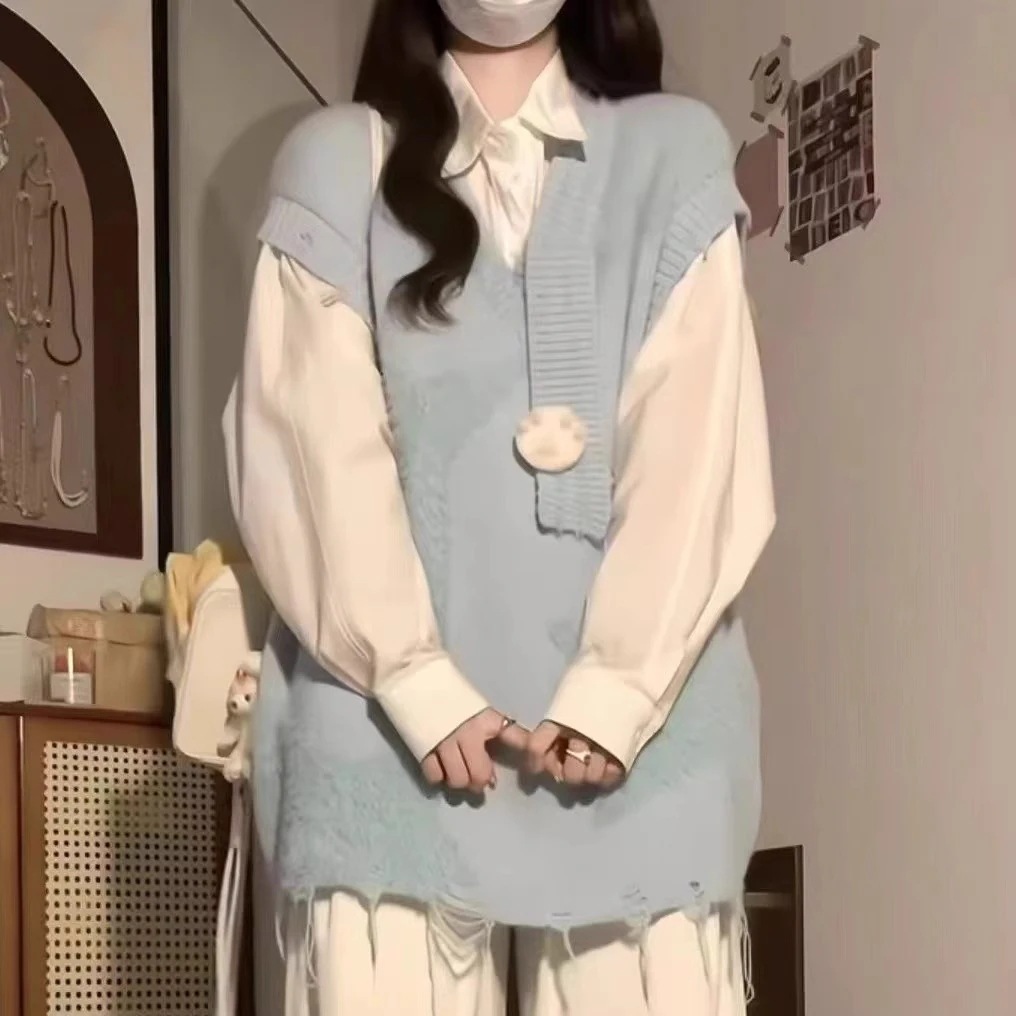 ハイエンドのカスタマイズ-ニットセーターベストベストシャツツーピーストップ白長袖シャツレディース初秋レイヤードスリーピーススーツ