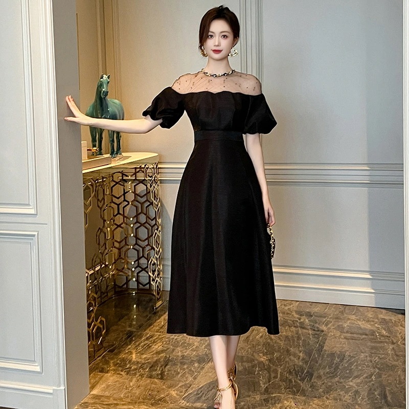 パーティードレス ロングワンピース 光沢感 華やか 透け感 パフスリーブ イブニングドレス 絶妙な エレガント きれいめ おしゃれ 姫系ワンピース オケージョンドレス 発表会 演奏会 20代 30代