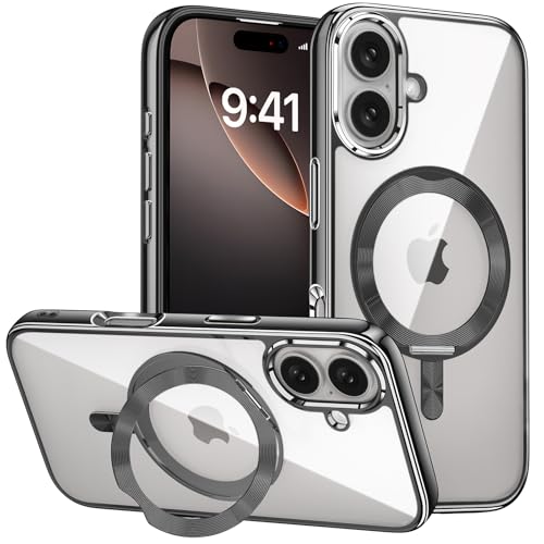 iPhone 16 用 ケース MagSafe対応 CDリング 360回転スタンド 縦横両対応 真空メッキバンパー キラキラ いphone16 クリアケース スマホケース 米軍規格 耐衝撃 耐久性