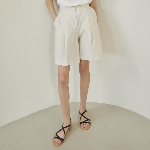 Linen Bemuda Banding Half Pants [LIGHT BEIGE]