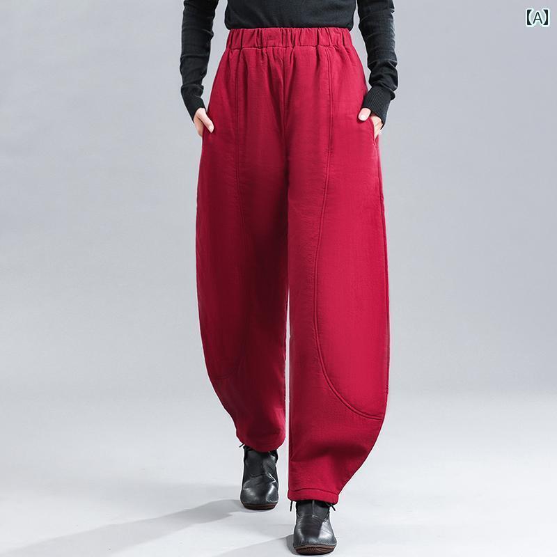 パンツ レディース ボトムス 秋冬 女性用 リネン ドレープ キルティング ダディ レトロ コットンリネン キャロット 厚手 暖かい コットンパンツ