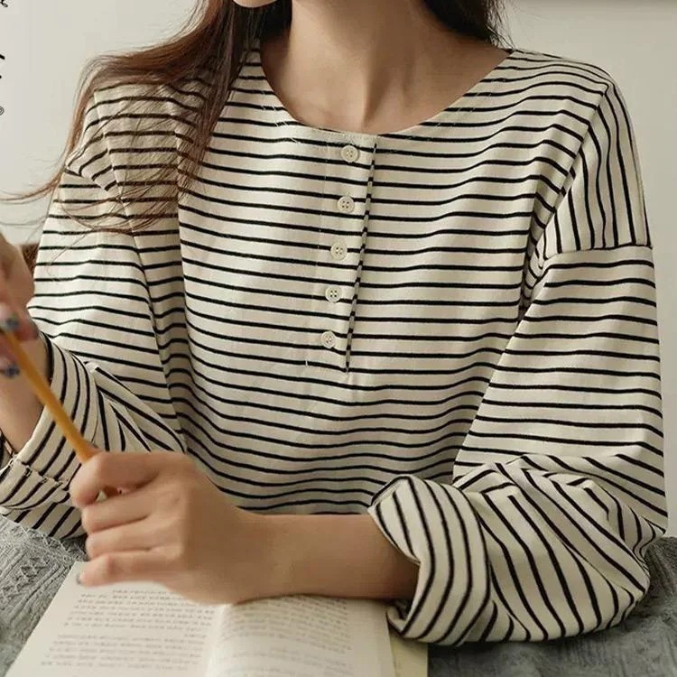 長袖 Tシャツ ボーダー レディース トップス ロンT ハーフボタン 春 秋 綿 100% おしゃれ
