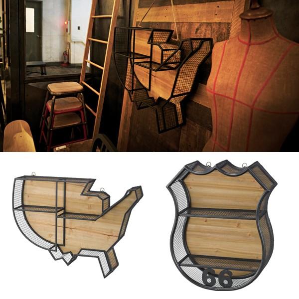 ウォールラック 壁掛け インテリア 壁 ラック 棚 収納 飾り棚 小物置き 収納 アメリカ デザイン USA ルート66 かっこいい スチール 天然木 ナチュラル