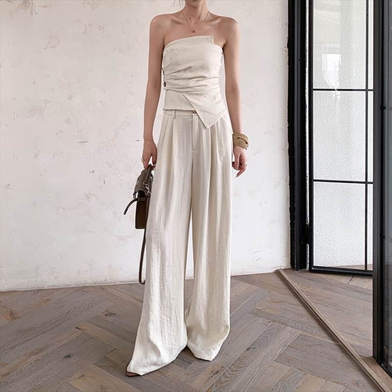 タックチューブトップ＋ワイドパンツセットアップ アシンメトリーベアトップ＋ワイドタックパンツセット レディース ツーピース セットアップ トップス パンツ ボトムス ロング ノースリーブ 袖なし アシ