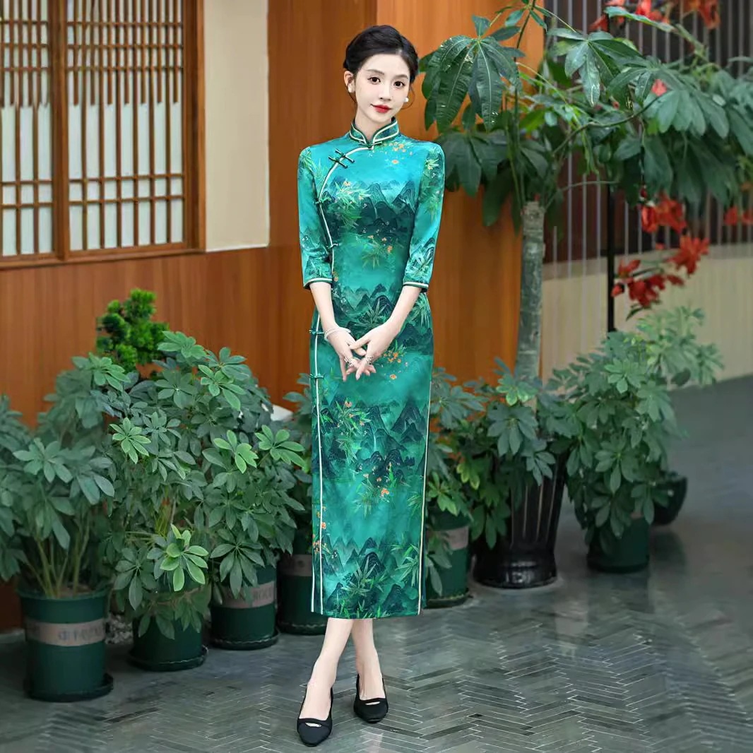 2025秋のシルクマルベリーシルクミドルスリーブチョンサム