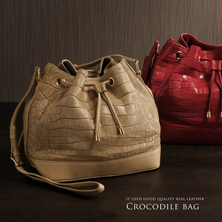 クロコダイル巾着バッグ/マット加工ショルダーレディース『クロコダイル保証書付き』