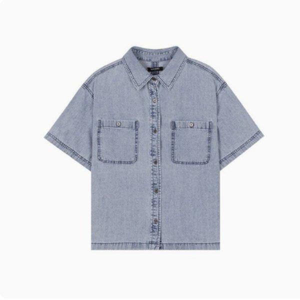 女性クロップデニム半袖シャツ Lトーン(B242DS510P)