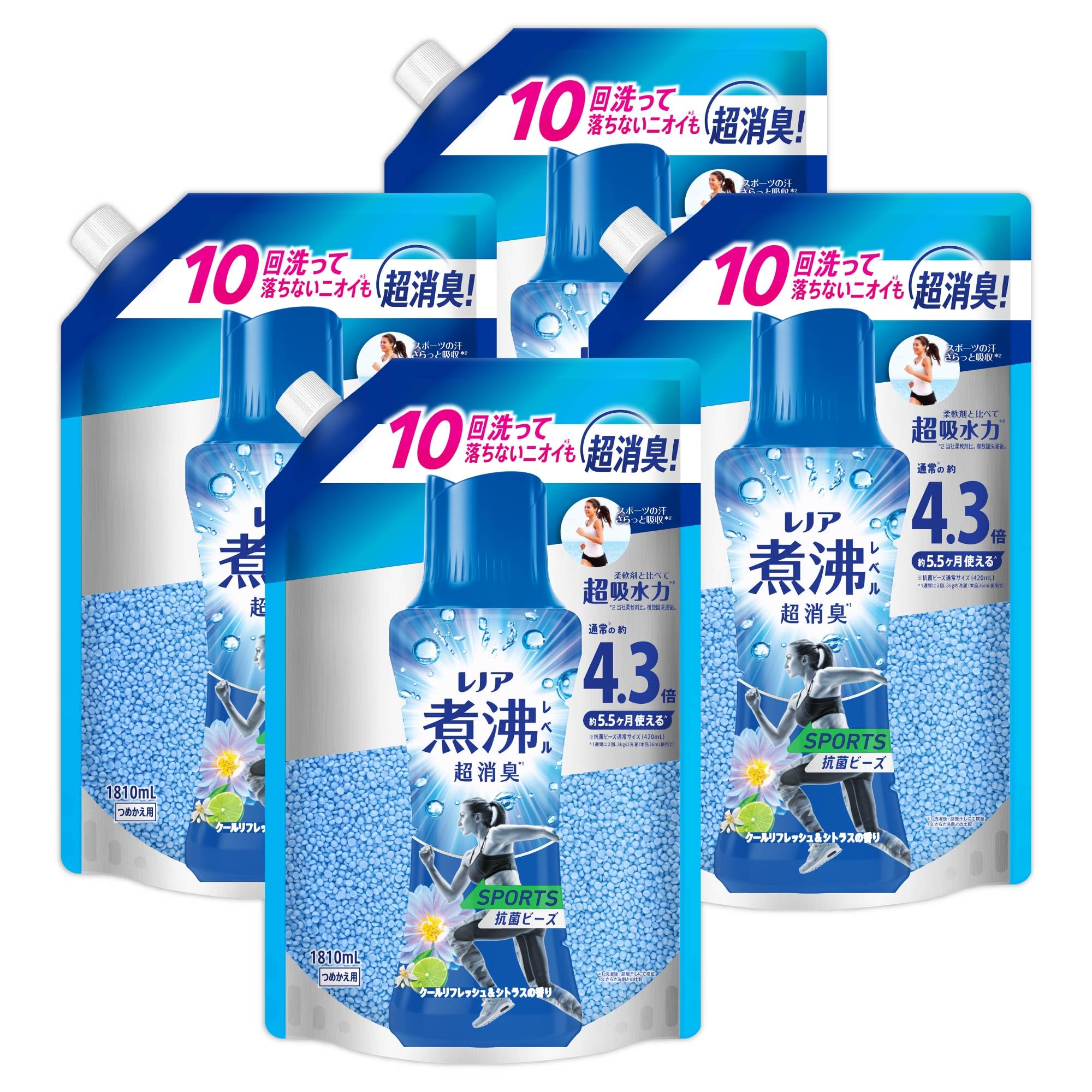 レノア 煮沸レベル超消臭 抗菌ビーズ SPORTS クールリフレッシュ＆シトラスの香り 詰め替え 1810mL×4袋 [大容量] [ケース品] 柔軟剤と一緒に使って効果長続き