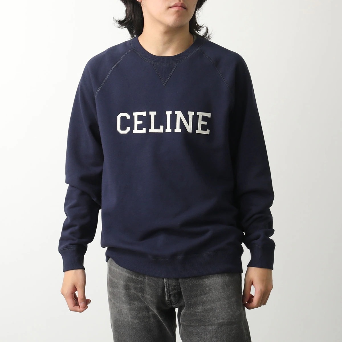 CELINE セリーヌ スウェット RY07D670Q.CBE3 メンズ トレーナー ロゴ クルーネック ルーズフィット コットン ラグランスリーブ ネイビー