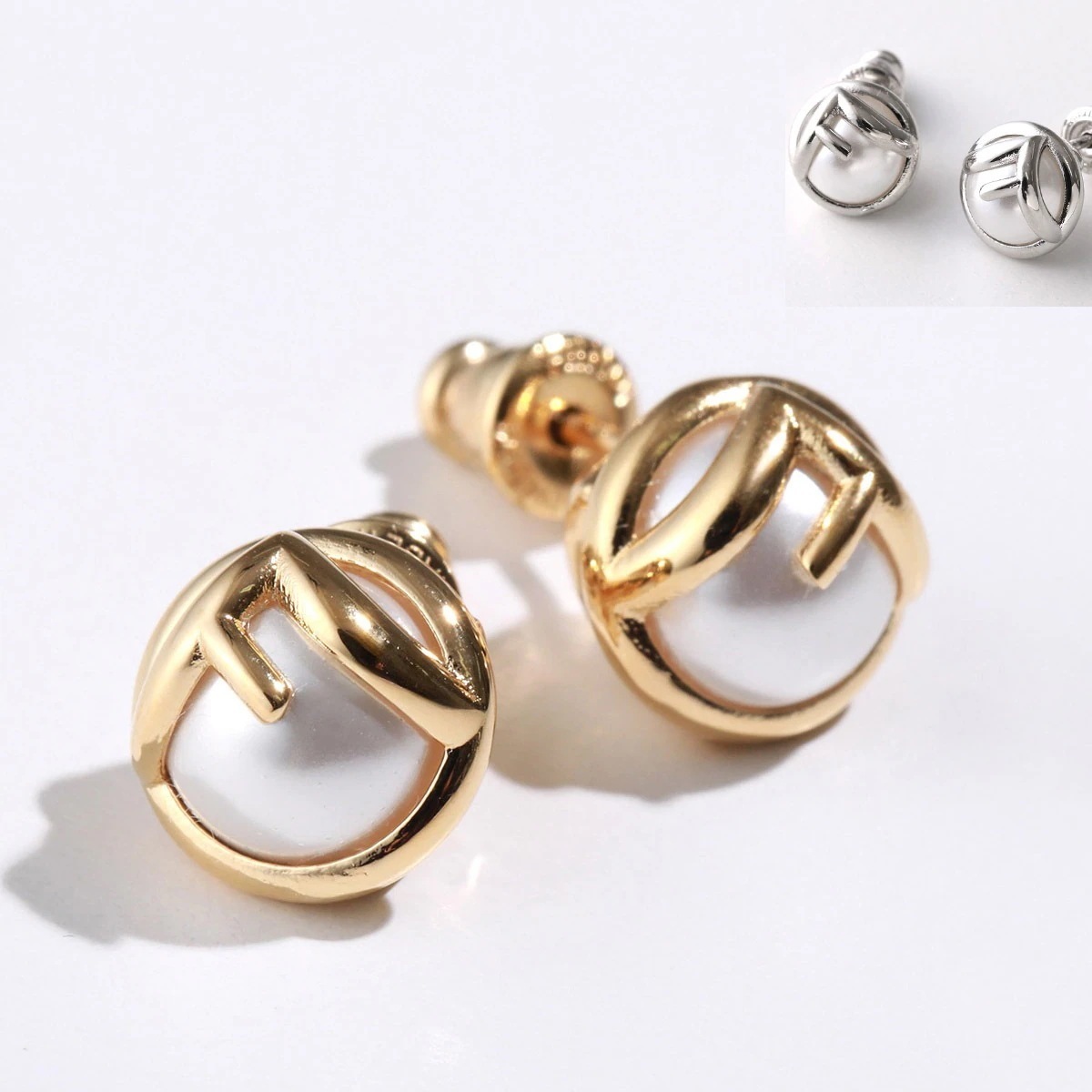 FENDI フェンディ ピアス F IS エフイズ 8AK796 A5TO レディース パール メタル ロゴ スタッド型 アクセサリー カラー2色