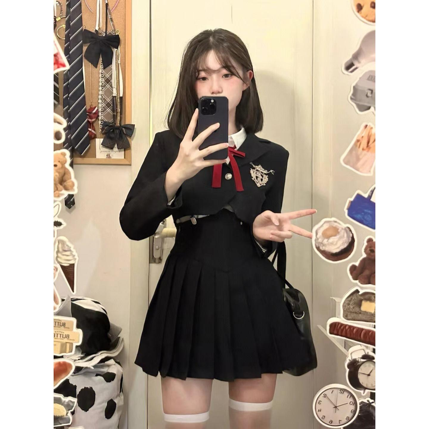 スーツ韓国系制服学院風ブレザーリボンシャツハイウエストストラッププリーツ春スーツ