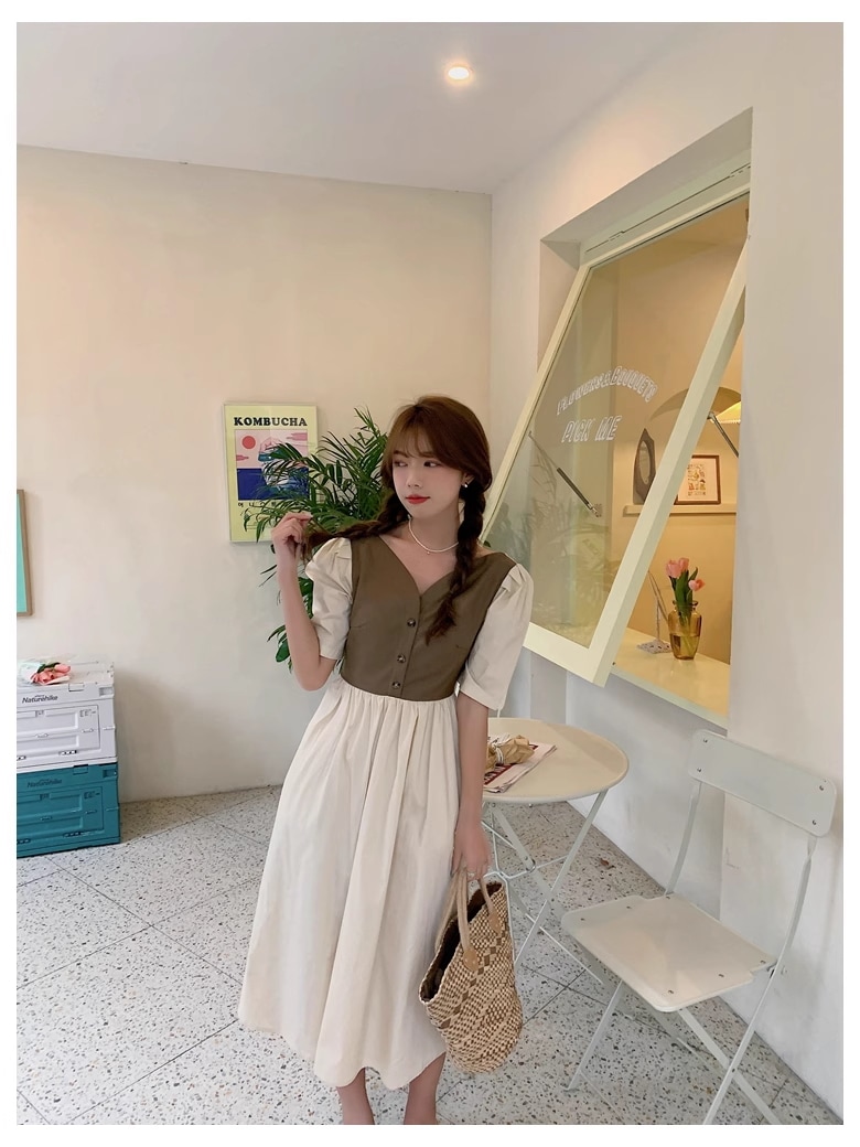 夏 韓国 スタイル 女性 v ネック ハイウエスト シングル ブレスト プリンセス スリーブ ドレス ワンピース ロング ロング丈 袖あり 5分袖 五分袖 Vネック 襟なし かわいい 大人可愛い 上品