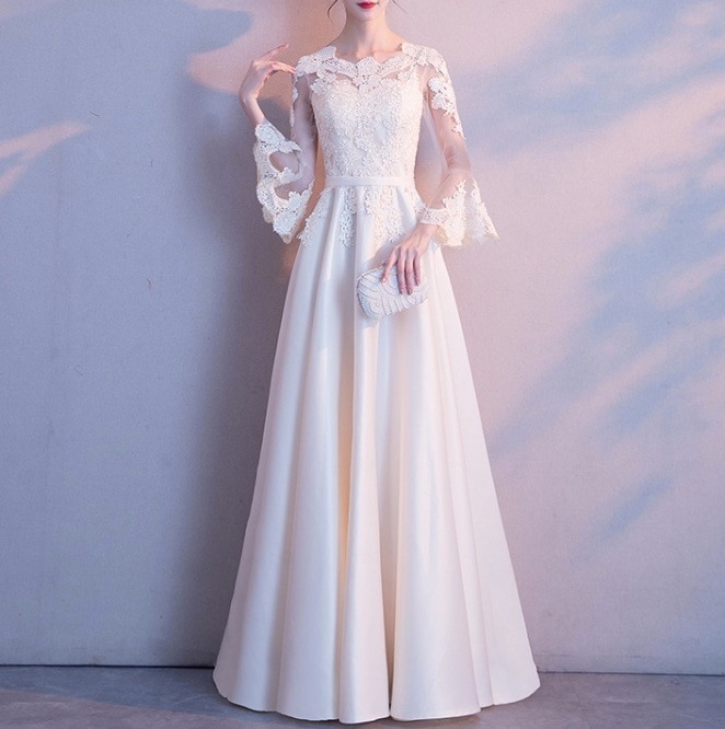 ドレス ウェディング パーティー 結婚式 二次会 披露宴 演奏会 発表会 ステージ 舞台 衣装 コスプレ コスチューム 演劇 マキシ 7分袖 フレアスリーブ プリンセスライン フレア Aライン レース