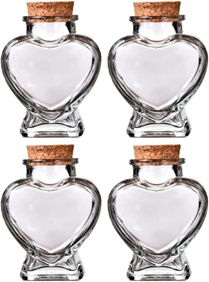ハート型ガラス香水ボトル 4個セット 透明 コルク栓付き 置物 インテリア 手作り装飾用 3.15X1.57インチ