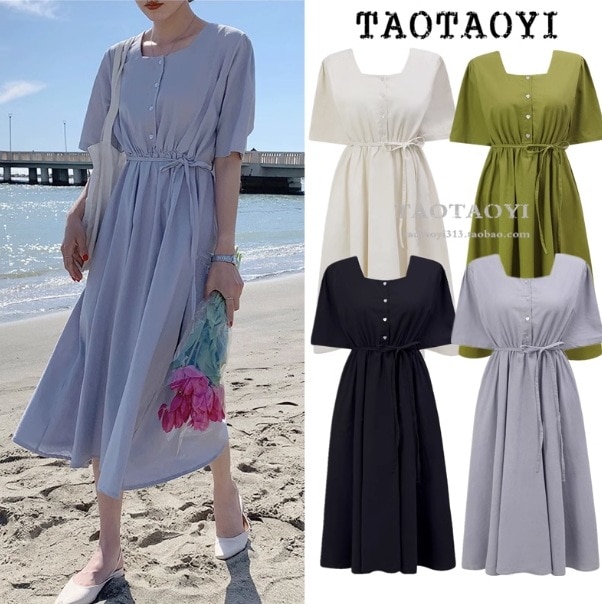 ワンピース ロング丈 半袖 スクエアネック デザイン ボタン 美ライン ニュアンス ベルト ウエストマーク 軽やか カラバリ リラックス かわいい 大人可愛い きれいめ シンプル カジュアル 大人