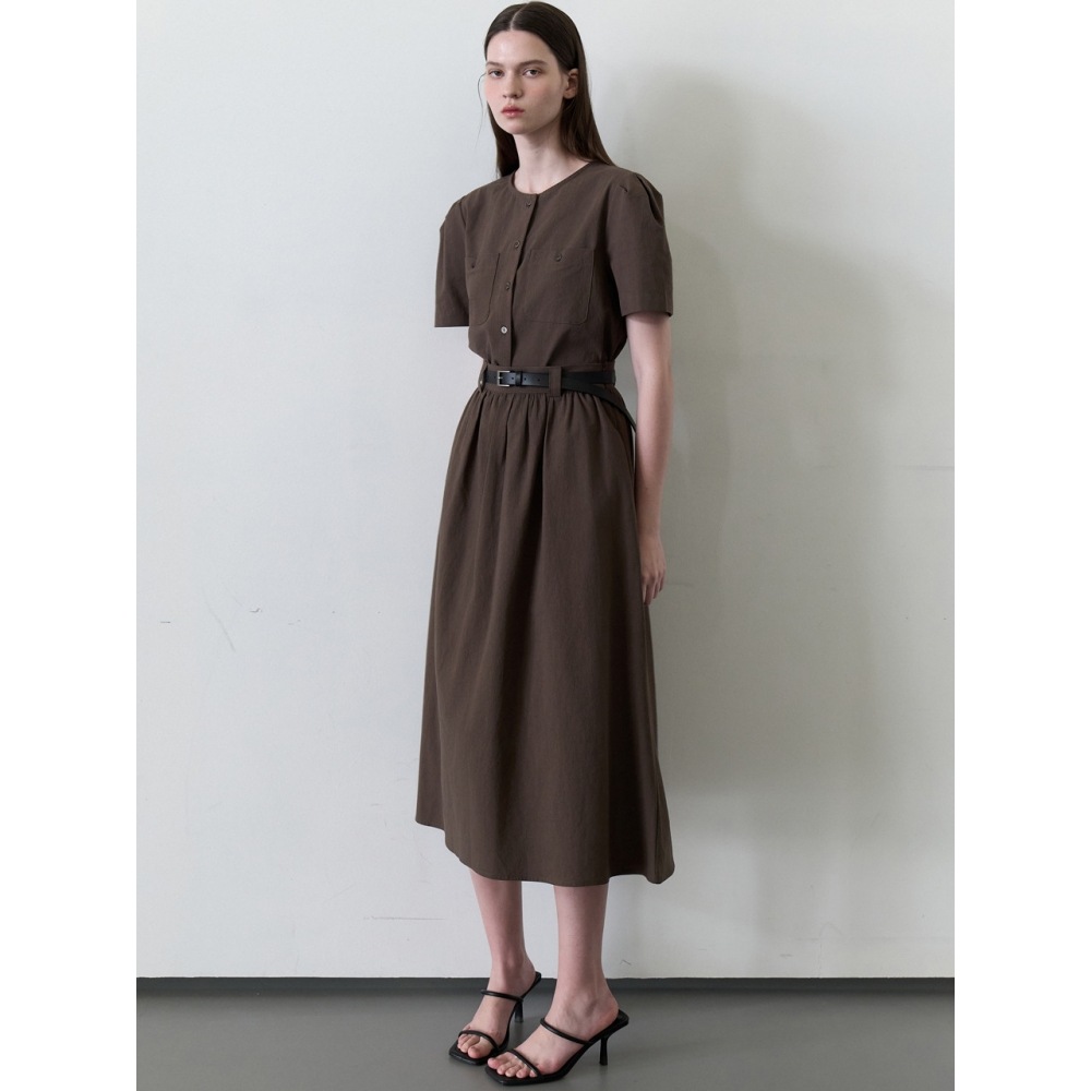 アムールモイヤーポケットハーフパフブラウス+シャーリングスカートブラウン amr1796