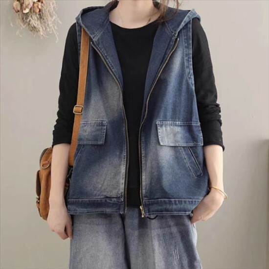 アウター トップス デニム ジャケット デニムベスト ベスト フード付き ノースリーブ ルーズ レギュラー丈 前開き シングルブレスト かわいい きれいめ 春 秋 大人可愛い 上品 おしゃれ 大人女子 5,543円