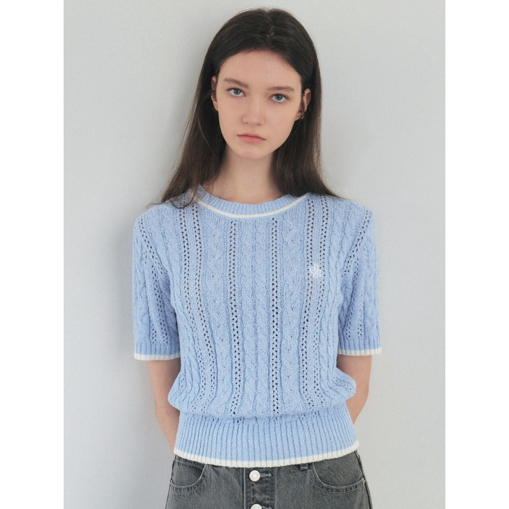 CITYBREEZE カラーケーブルショートスリーブニットスカイブルー