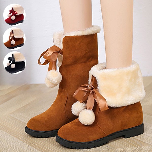 スノーブーツ ショートブーツ レディース ボア フェイクファー スエード あったか 可愛い ふわふわ もこもこ ロリータ リボン 防寒 通勤 滑りにくい 雪靴 ブラック 黒 赤 レッド