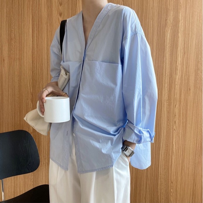 トップス シャツ レディース 長袖 ボリューム袖 ドロップショルダー Vネック 襟なし ノーカラー ストレート ポケット 前開き ボタン 切り替えデザイン 綿 コットン きれいめ シンプル カジュアル