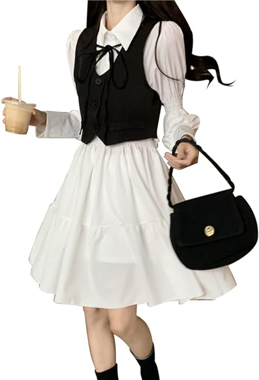 [Sky]ワンピース レディース 長袖 ワンピーススカート+ベスト 2点セット ロリータ 学院風 森ガール 原宿系 かわいい Aライン シャツワンピース カジュアル オシャレ 日常着 無地 膝丈ワンピ