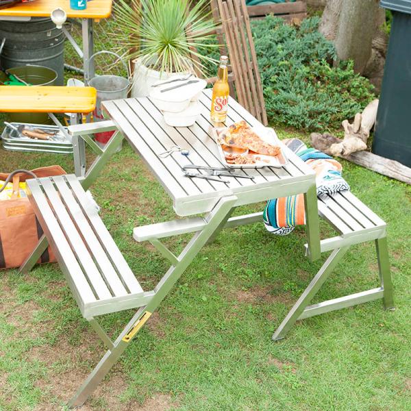 ガーデンテーブル ガーデンベンチ ガーデンチェア 屋外 折り畳み 折りたたみ 変型 変形 庭 ステンレス 収納 ダブル 2人掛け スタイリッシュ