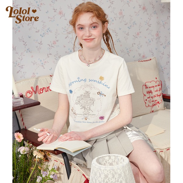 LOLOL 24SS スモールラウンドネック白半袖Tシャツ漫画文字プリント女性用スリムウエストトップ 5,406円