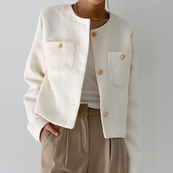 韓国ファッション ノーカラー ラウンド ポケット ボタン クロップ ツイード ジャケット