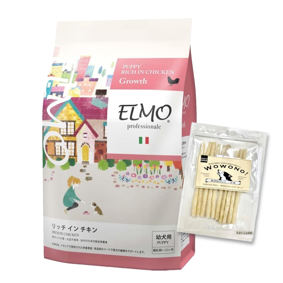 ELMO エルモ プロフェッショナーレ パピー 幼犬用 リッチインチキン 3kg ＆ Wowono！無添加デンタルスティック10本×1袋 セット 犬 ドッグフード ドライ フード